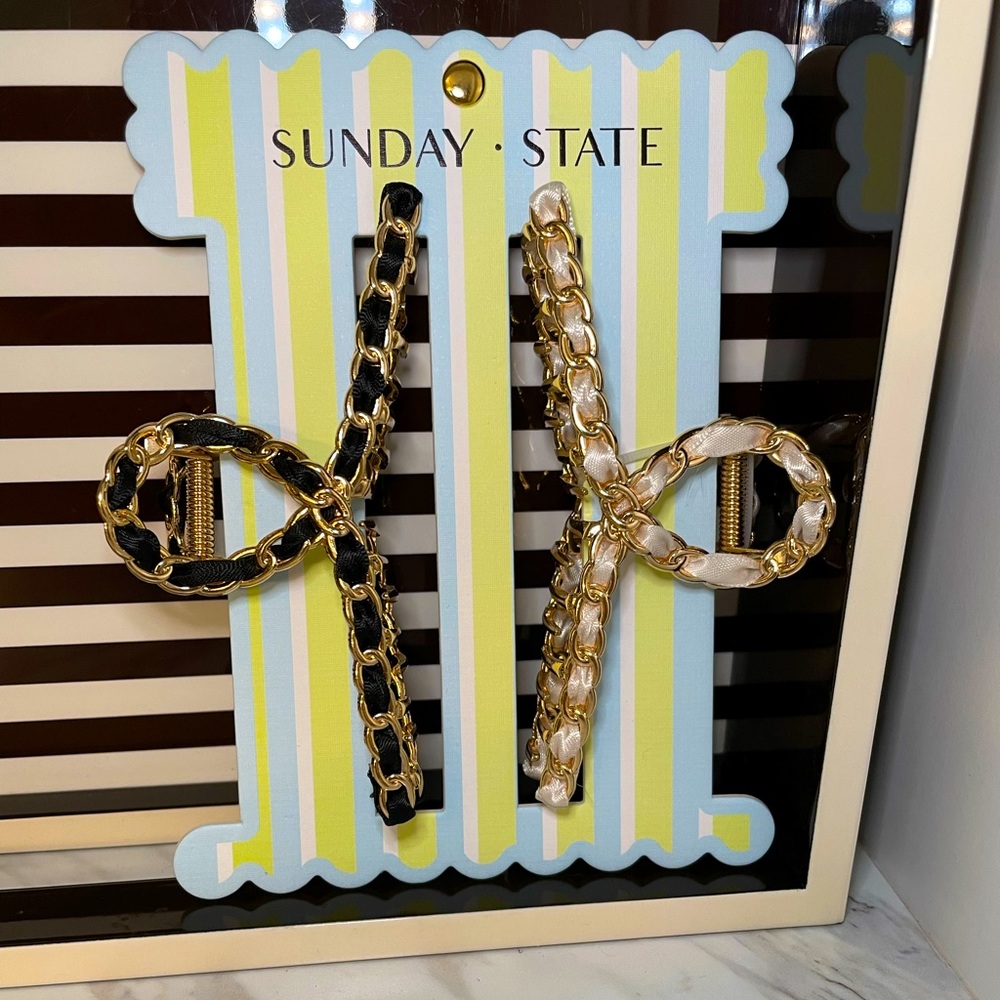 Set of 2 Chain Ribbon Bow Hair Clips Black Ivory Gold NWT